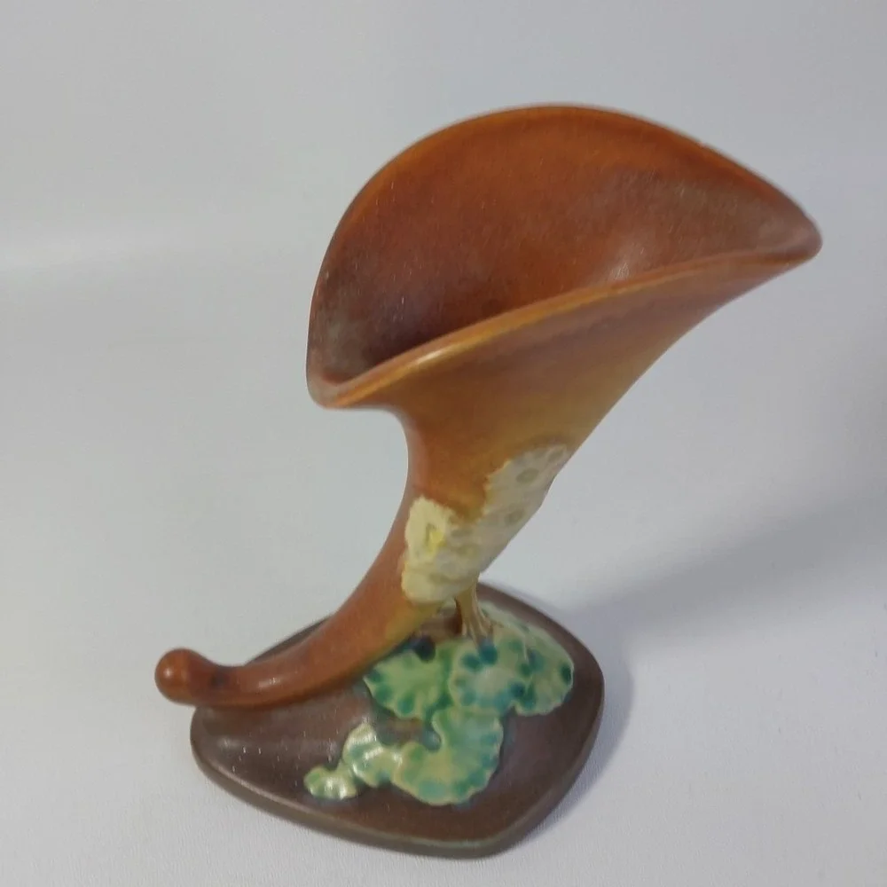 Roseville Pottery Apple Blossom 125‎ Cornucopia Vase Orange Green